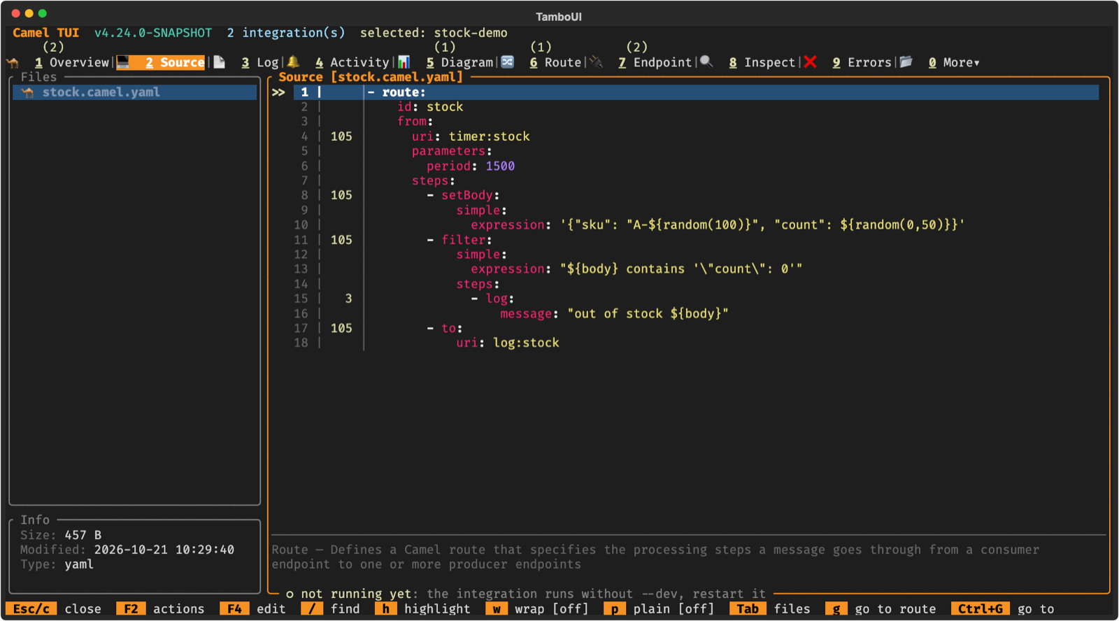 The bottom border of an edited route file: the integration runs without --dev